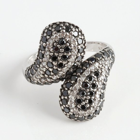 Vintage Sterling Silver Black Onyx and White Topaz Ring Double Teardrop 7 1/2 - Picture 1 of 6